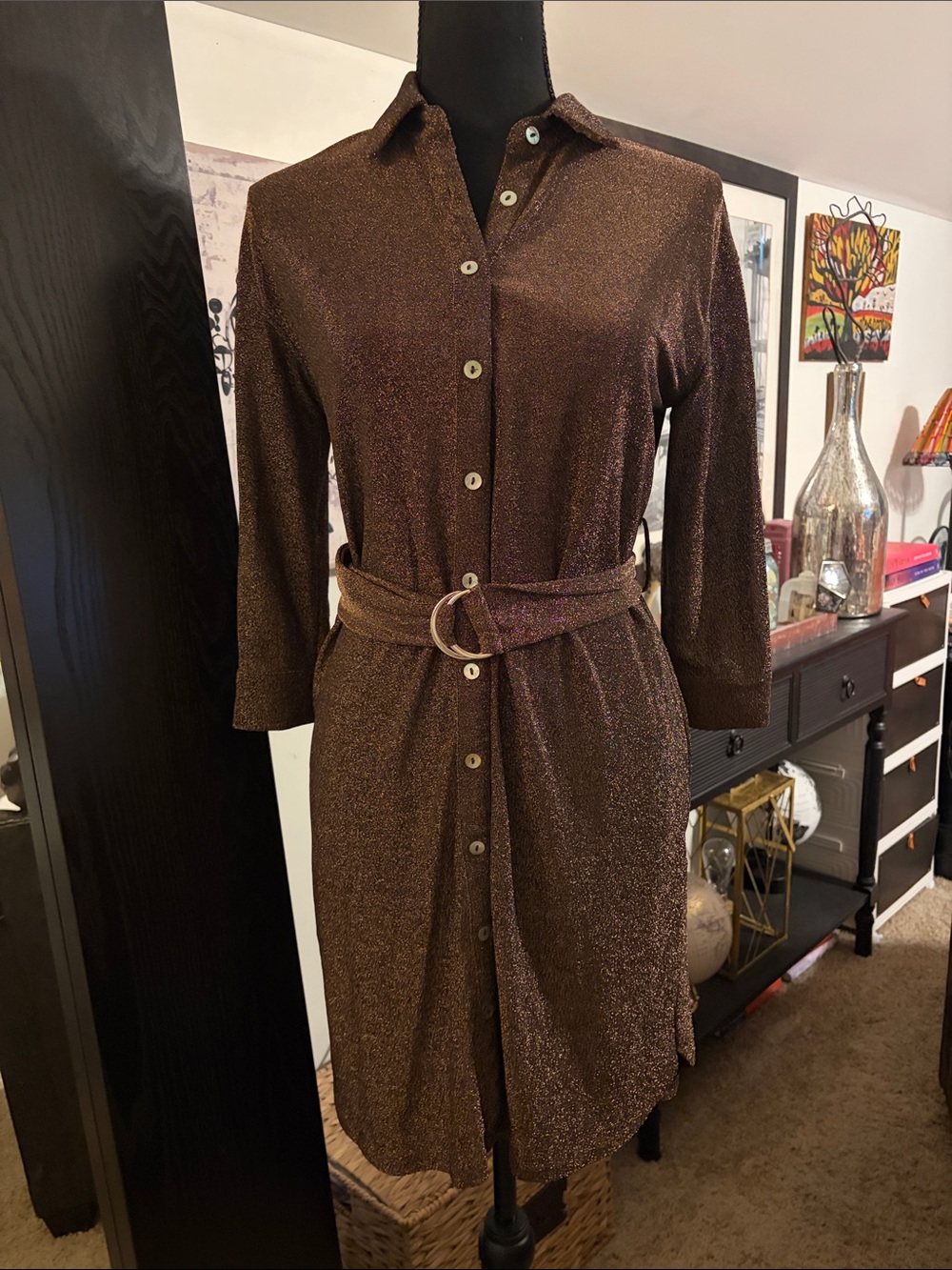 Molly Bracken Annie Dress Brown Metallic Mini Shirt Dress